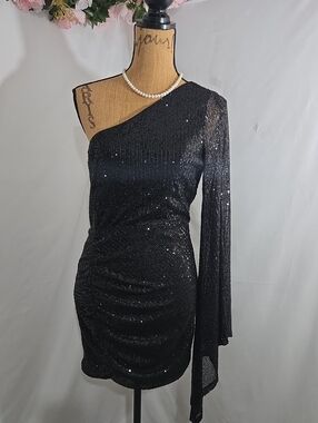 Fashion Nova Black One-Shoulder Sequin Mini Dress with Draped Sleeve
